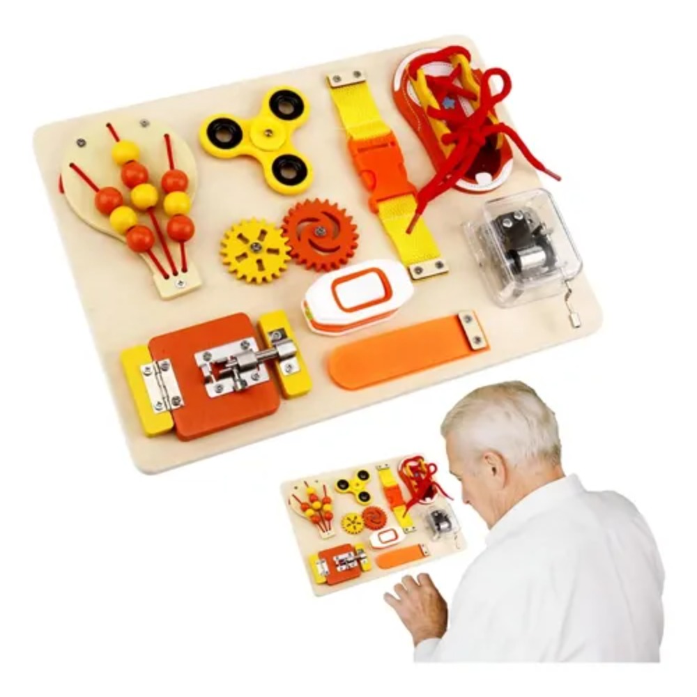 Montessori Wooden Busy Board Toddler - モンテッソーリ木製ビジーボードおもちゃ、幼児向け感覚教育フィジェットボード、旅行用おもちゃ、ロック、靴ひも、歯車付き、子供へのプレゼントに